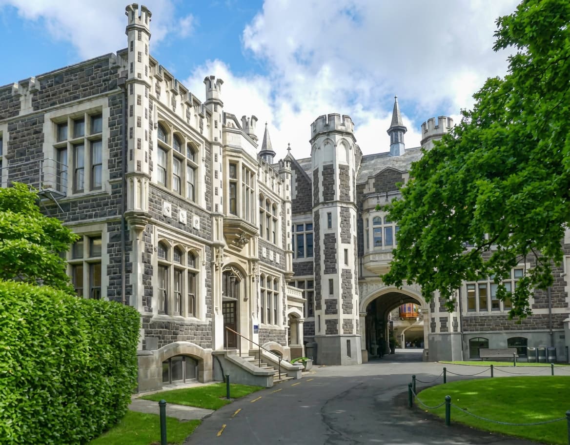 A New Zealand university campus near a lake.