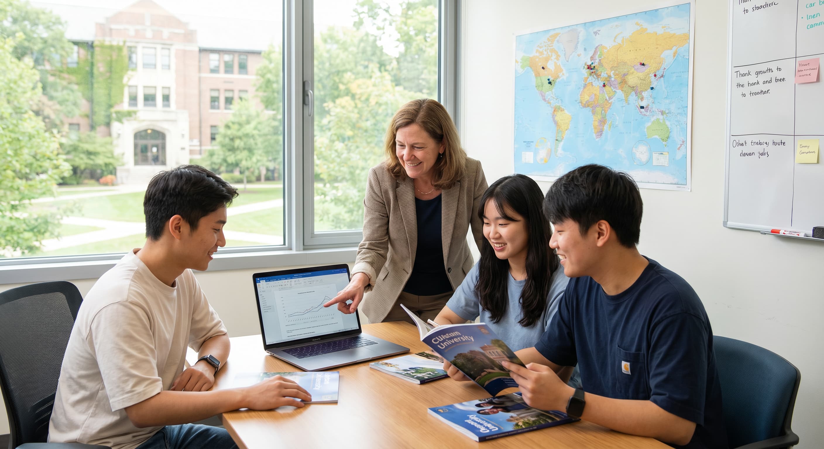An adviser guiding a student through UK study planning steps.