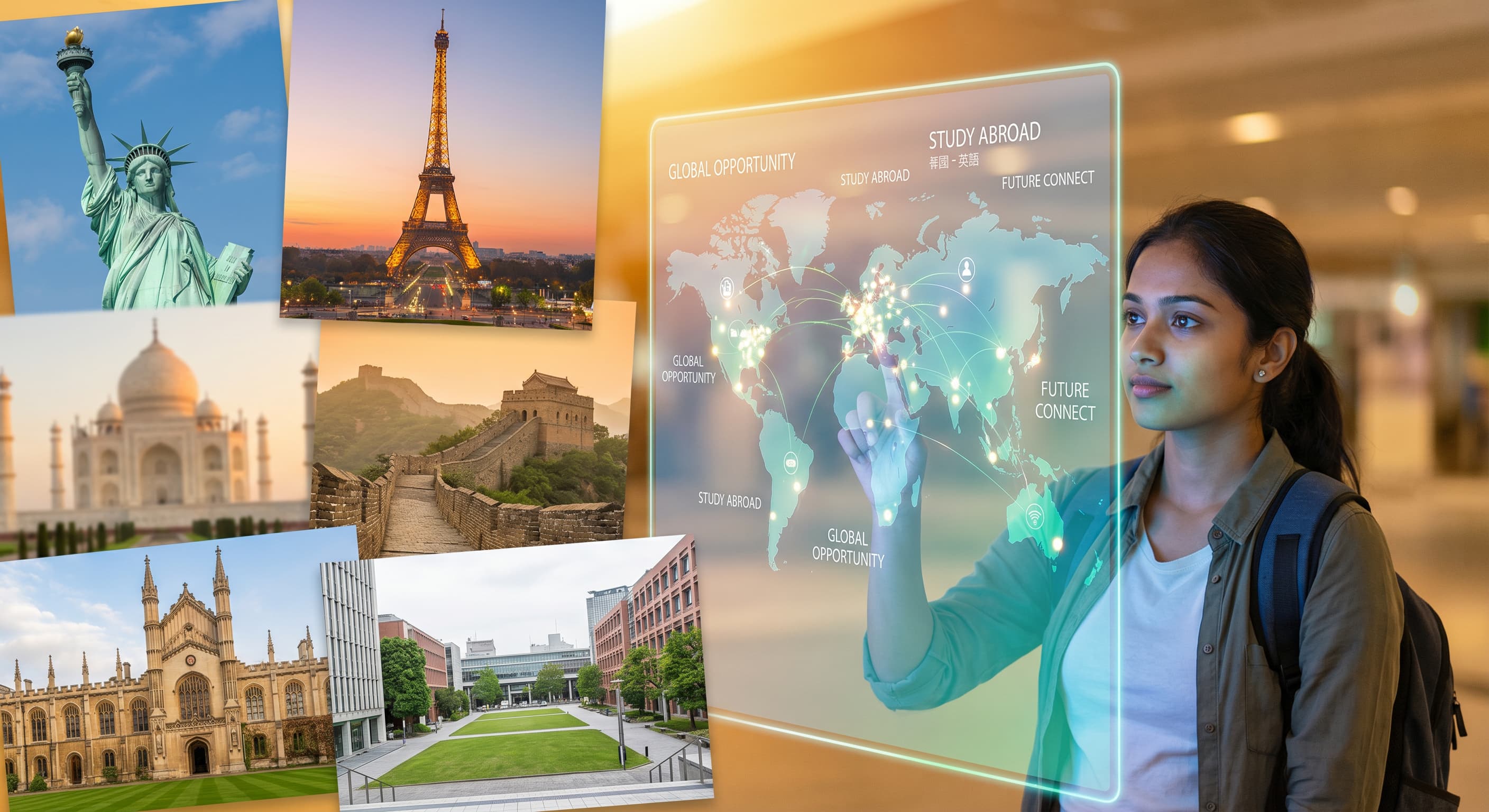 A student exploring US university opportunities on a globe.